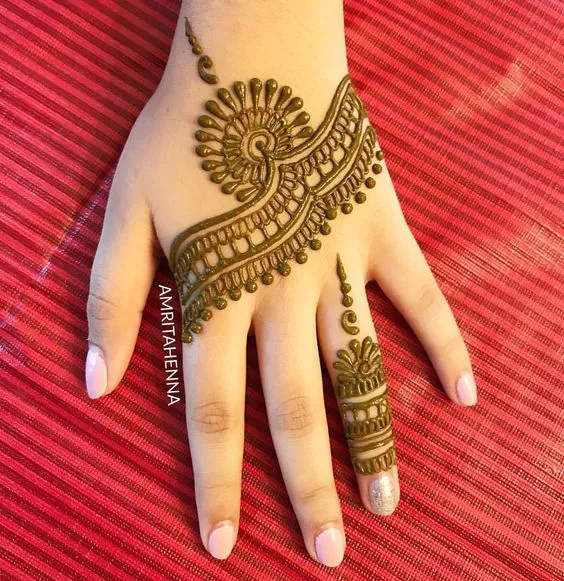Simple Mehndi Designs for Kids Back Hand with Leafy Motifs